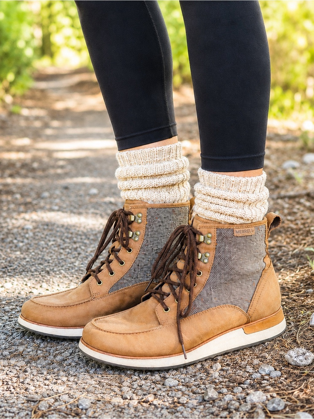 Merrell Roam Leather Canvas Lace-Up Mid Boots in Tobacco | 6.5
